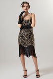 Robe à clapet noire dorée à paillettes des années 1920 avec pompons