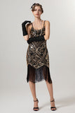 Robe à clapet noire dorée à paillettes des années 1920 avec pompons