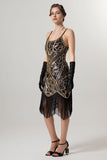 Robe à clapet noire dorée à paillettes des années 1920 avec pompons