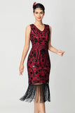 Robe midi à clapet à franges à sequins et paillettes bordeaux noire