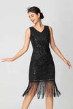 Robe bordeaux noire à franges à sequins des années 1920 avec perles