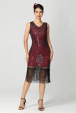 Robe bordeaux noire à franges à sequins des années 1920 avec perles