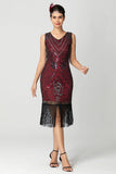 Robe bordeaux noire à franges à sequins des années 1920 avec perles
