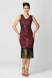 Robe bordeaux noire à franges à sequins des années 1920 avec perles