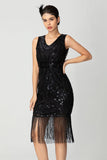 Robe fourreau à franges à paillettes à paillettes en V noire Bugundy des années 1920