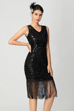 Robe fourreau à franges à paillettes à paillettes en V noire Bugundy des années 1920