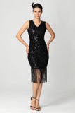 Robe fourreau à franges à paillettes à paillettes en V noire Bugundy des années 1920