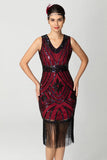 Robe fourreau à franges à paillettes à paillettes en V noire Bugundy des années 1920