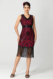 Robe fourreau à franges à paillettes à paillettes en V noire Bugundy des années 1920