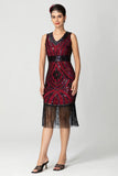 Robe fourreau à franges à paillettes à paillettes en V noire Bugundy des années 1920