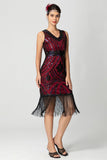Robe fourreau à franges à paillettes à paillettes en V noire Bugundy des années 1920
