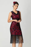Robe fourreau à franges à paillettes à paillettes en V noire Bugundy des années 1920