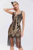 Robe fourreau à col en V doré noir scintillant Gatsby des années 1920 avec pompons