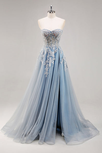 Robe de soirée longue bleu poussiéreux à manches amovibles et corset perlé