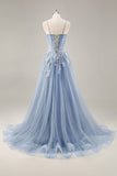 Robe de soirée longue bleu poussiéreux à manches amovibles et corset perlé