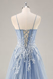 Robe de soirée longue bleu poussiéreux à manches amovibles et corset perlé
