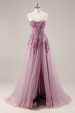 Gris violet perlé Corset Applique Robe De Soirée longue avec fente