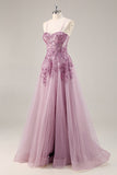 Gris violet perlé Corset Applique Robe De Soirée longue avec fente