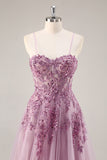 Gris violet perlé Corset Applique Robe De Soirée longue avec fente