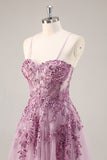Gris violet perlé Corset Applique Robe De Soirée longue avec fente