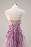 Gris violet perlé Corset Applique Robe De Soirée longue avec fente