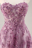 Gris violet perlé Corset Applique Robe De Soirée longue avec fente