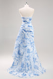 Robe de soirée florale sirène blanche et bleue