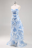Robe de soirée florale sirène blanche et bleue