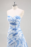 Robe de soirée florale sirène blanche et bleue