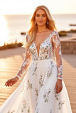 A Line Robe de mariée blanche appliquée à manches longues