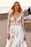 A Line Robe de mariée blanche appliquée à manches longues