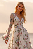 Floral A Line Robe de mariée blanche appliquée à manches longues