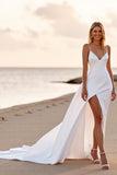 Robe de mariée blanche à bretelles spaghetti avec fente