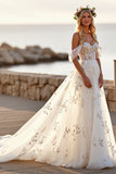 Tulle blanc à épaules dénudées Boho Sweep Train Robe de mariée avec appliques