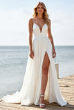 Robe de mariée boho en mousseline de soie blanche à bretelles spaghetti avec fente