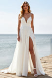 Robe de mariée boho en mousseline de soie blanche à bretelles spaghetti avec fente