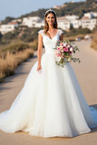 Robe de bal blanche à col en V Cap Manches Robe de mariée avec dentelle