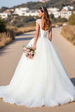 Robe de bal blanche à col en V Cap Manches Robe de mariée avec dentelle