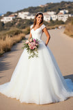 Robe de bal blanche à col en V Cap Manches Robe de mariée avec dentelle