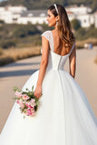 Robe de bal blanche à col en V Cap Manches Robe de mariée avec dentelle