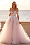 Fard à joues hors de l’épaule Tulle balayage traîne Robe de mariée bohème avec appliques