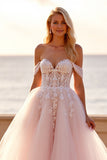 Fard à joues hors de l’épaule Tulle balayage traîne Robe de mariée bohème avec appliques