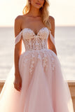 Fard à joues hors de l’épaule Tulle balayage traîne Robe de mariée bohème avec appliques