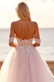 Fard à joues hors de l’épaule Tulle balayage traîne Robe de mariée bohème avec appliques