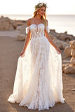 Tulle blanc à épaules dénudées Boho Sweep Train Robe de mariée avec dentelle
