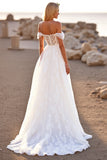 Tulle blanc à épaules dénudées Boho Sweep Train Robe de mariée avec dentelle
