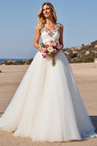 Tulle blanc une ligne Boho Sweep Train Robe de mariée avec applique