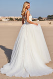 Tulle blanc une ligne Boho Sweep Train Robe de mariée avec applique