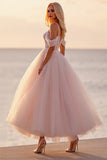 Robe de mariée en tulle blush une ligne boho à la cheville avec appliques