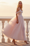 Robe de mariée en tulle blush une ligne boho à la cheville avec appliques